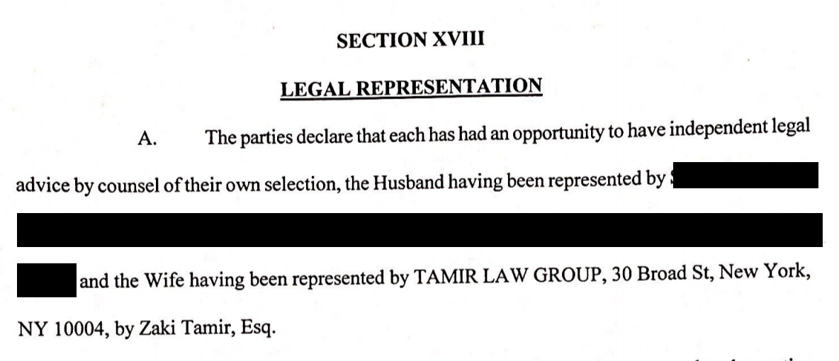 Snippet from Separation Agreement showing Zaki Tamir did indeed represent my ex-wife during our separation