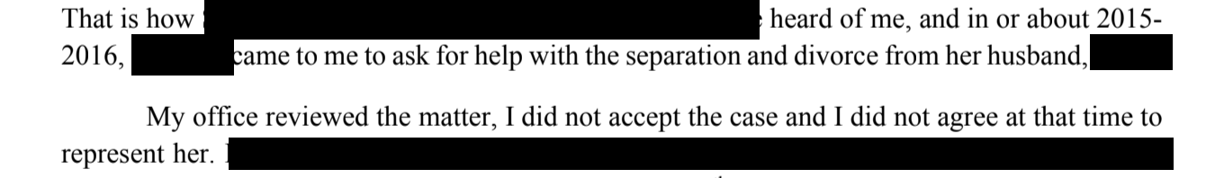 Snippet from Zaki Tamir's letter to ethics committee claiming he did not represent my ex-wife during our separation